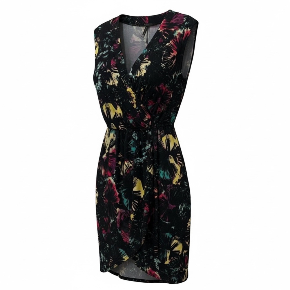 BCBGMAXAZRIA black and neon faux wrap dress, small